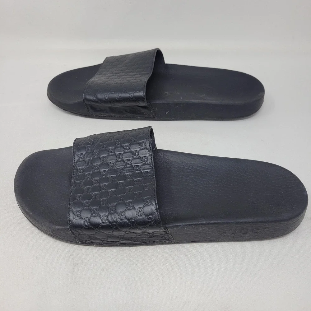 Gucci Sandals Mens Size 9 Black GG Logo Slide Leather Casual Comfort Slides